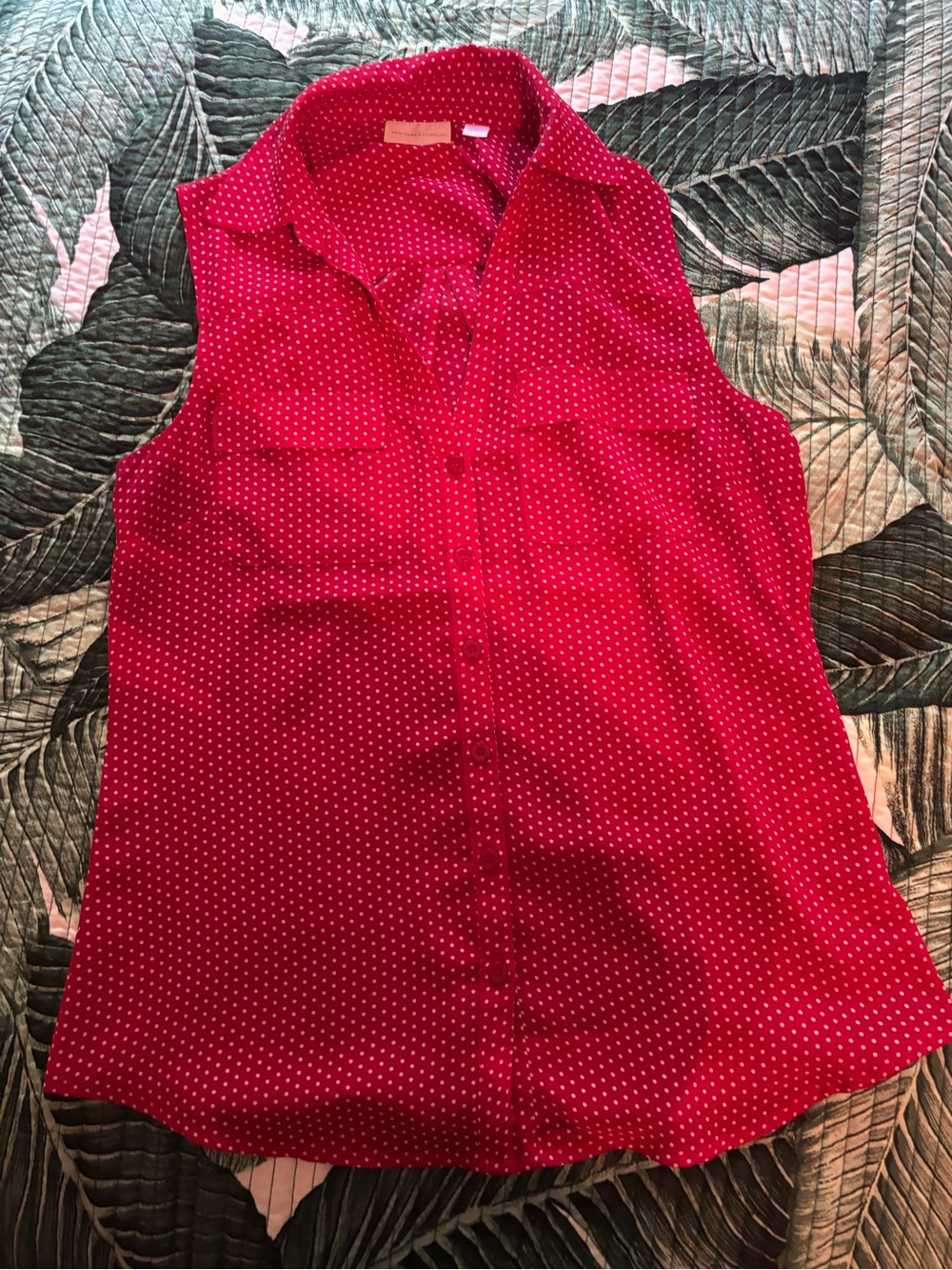 New York and company Sleeveless Red Polka Dot Button-Front Blouse